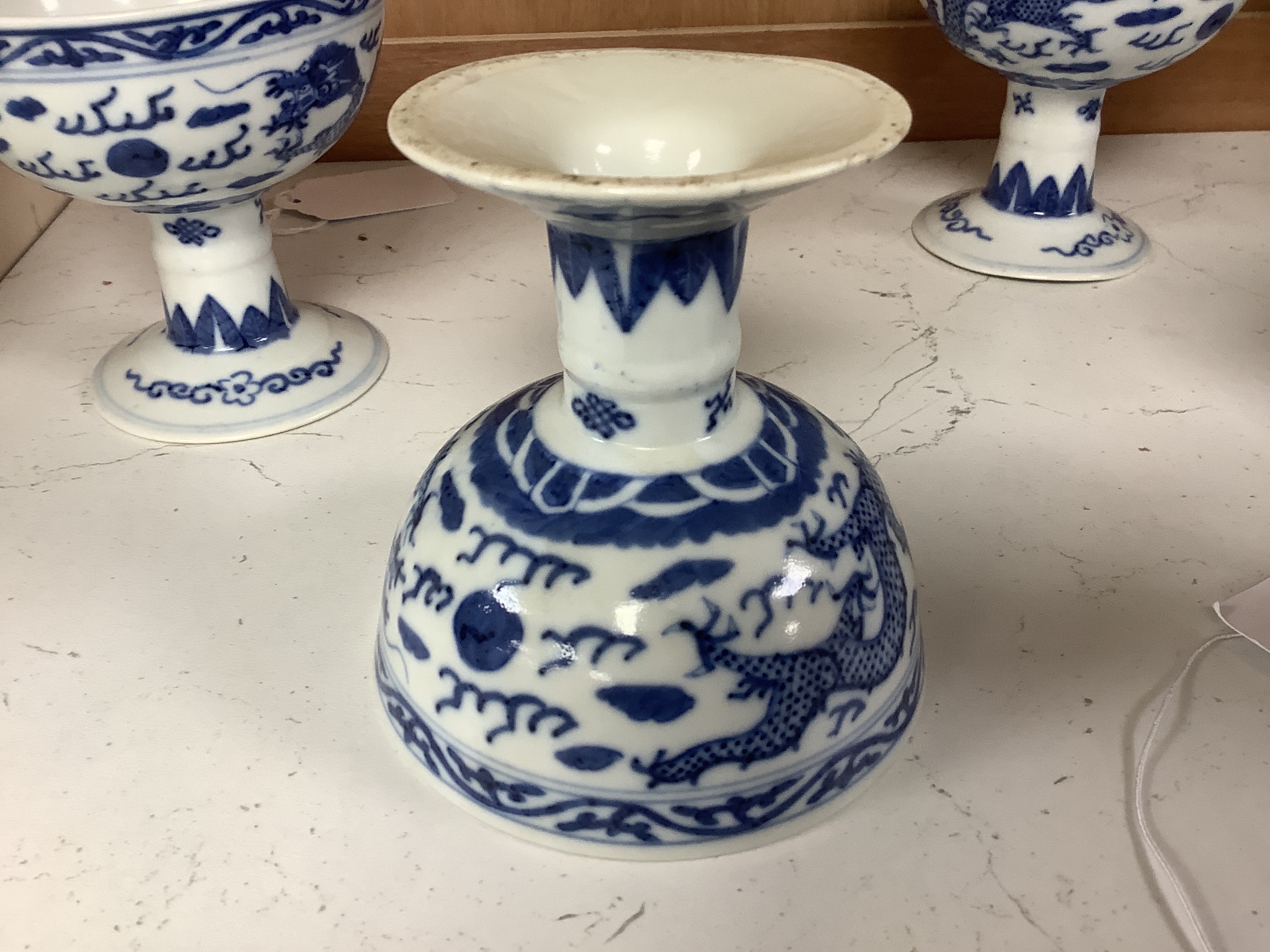 Three Chinese blue and white porcelain stem cups, c.1900, 9.5cm